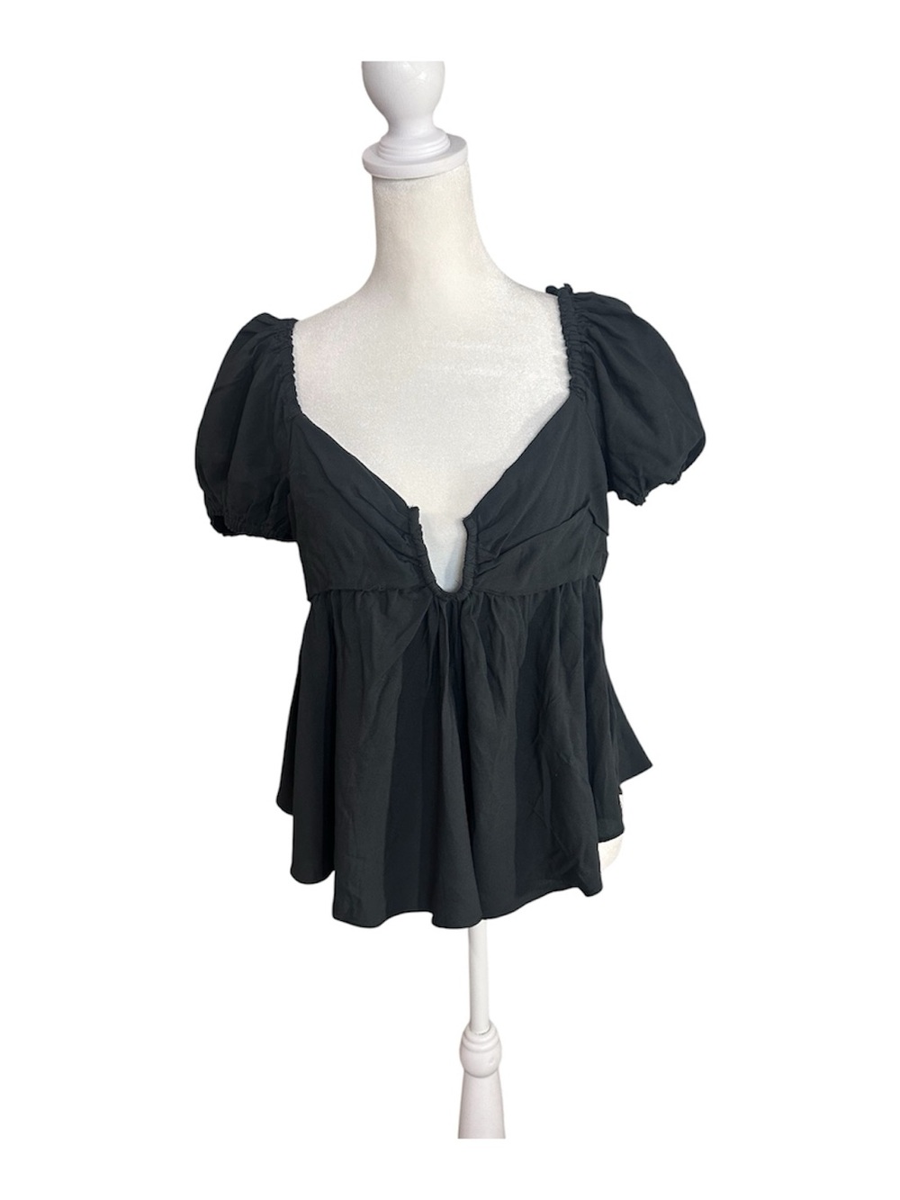 Urban Outfitters Black Puff Sleeved Sleeves Smoked Waist Peplum Top Women’s M